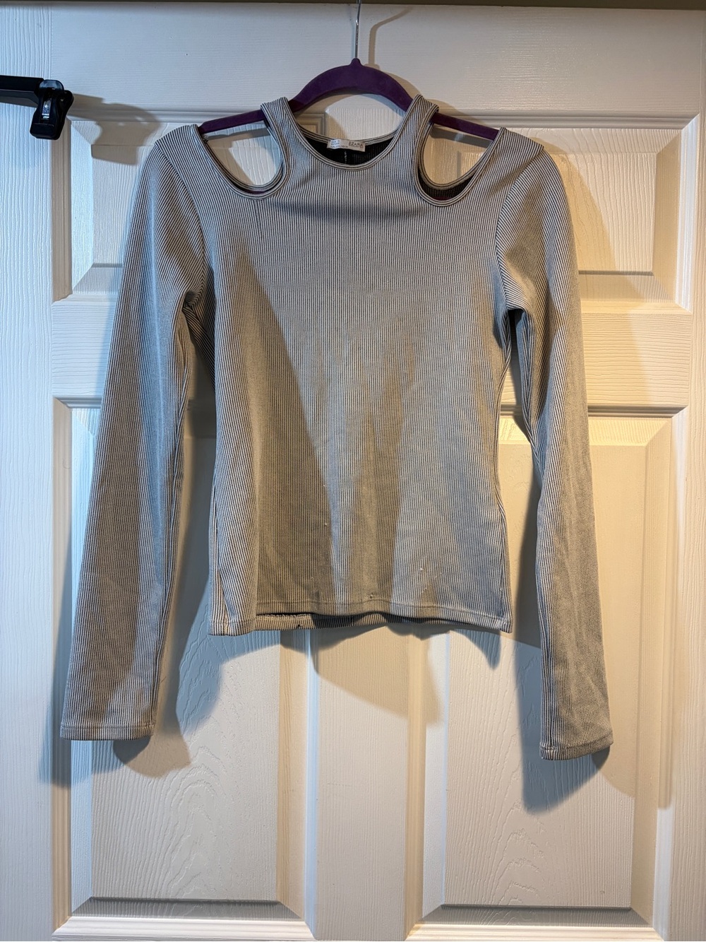 Zara Gray Ribbed Long-Sleeve Top with Double Shoulder Cutouts